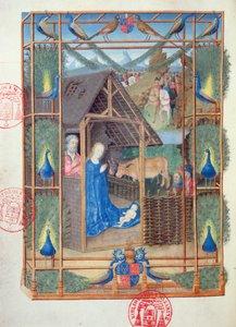 Paní 473 Narození Páně s pávy, miniatura z Heures de Charles de France, kolem 1466-69 od French School