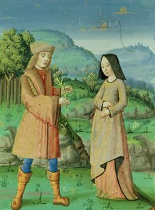 Ms 493 fol.123v Setkání Aenea a Anny, sestry Dido, z The Aeneid s komentářem Servia, 1469 od French School