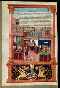 Ms 5062 fol.149v Ulice s obchody a erbem Roberta Stuarta, maršála dAubigny Lucrece, z Livre de Gouvernement des Princes od Gilles de Rome od French School