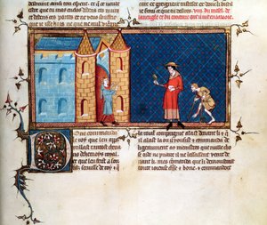 Ms 5080 fol.373r Dva malomocní žebrající, z Le Miroir Historial, Vincent de Beauvais od French School
