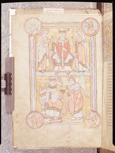 Ms 512 fol.4v Svatý Řehoř Veliký (asi 540-604) mezi svým otcem Gordienem a matkou Silvií a utopeným mužem jako andělem, z Liber Pastoralis od French School