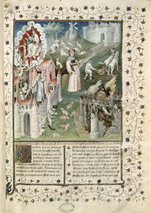 Ms 55 t.2 fol.3 Boží město, město Caen a město neřestí, z La Cite de Dieu od svatého Augustina z Hippo (354-430) přeložil Raoul de Preles (1316-82) od French School