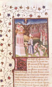 Ms 55 t f.111v Nimrod Dohlíží na stavbu Babylonské věže, z La Cite de Dieu od sv. Augustina, přeložil Raoul de Presles (1316-82) c.1400-50 od French School