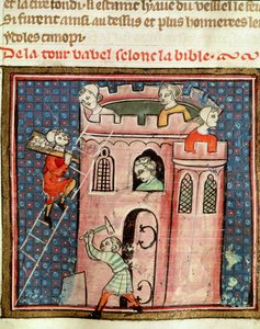 Ms 59 fol.17r Stavba babylonské věže, z Bible historické od Guiarta des Moulins