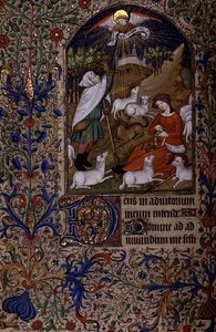 Ms 63 f.60v Angel se zjevuje pastýři, žena sedí a dělá věnec, z Knihy hodin, kolem 1460 (vellum) od French School