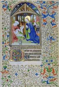 Ms 66 f.44r Panna Marie a Josef se klaní novorozenému Kristu, z knihy hodin, Amiens od French School