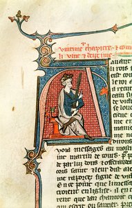 Ms 682 fol.17v Historizovaná iniciála A zobrazující sedícího krále držícího dvojsečný meč od French School