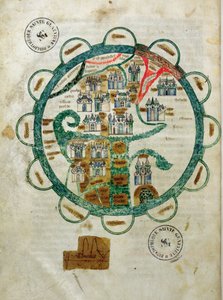 Ms 782 fol.16v. Mapa světa v podobě zeměkoule, miniatura z Grandes Chroniques de Philippe le Hardi