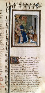 Ms 814 f.125r Bertrand du Guesclin (1320-80) povýšen králem do rytířského stavu, z Histoire de Du Guesclin od French School