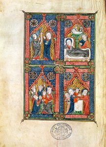 Ms 87 fol. 16 Zvěstování, Narození Páně, Klanění tří králů a Očištění, z hodin Mahaut dArtois od French School