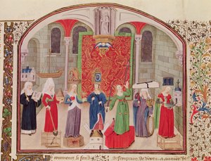 Ms 927 Fol.17v Teologické a kardinální ctnosti, z etiky, politiky a ekonomie od Aristotela (384-322 př.nl) od French School