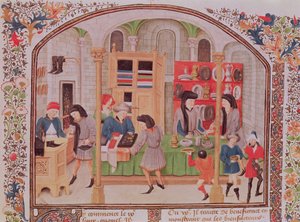 Ms 927 f.145r Mincovna, z Aristotelovy knihy Etika, politika, ekonomie, z francouzského překladu Nicholase Oreme od French School