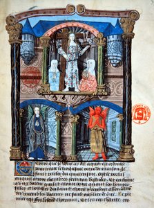 Ms 978 fol. 39 „Zámecká brána“, ilustrace z duchovního pojednání pro laiky od Gabrielle de Bourbon (vellum) od French School
