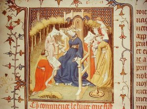Paní Fr 12420 Autor představuje své dílo skupině žen z „De Claris Mulieribus“ od Giovanniho Boccaccia (1313-75) (vellum) od French School