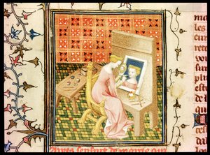 Paní Fr 124220 fol.101v St. Marcia († 632) Malba autoportrétu, od De Claris Mulieribus, z , od Giovanniho Boccaccia (1313-75) od French School