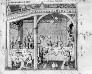 Paní Fr 1584 Muzikanti baví na banketu, c.1370 (rukopis) od French School