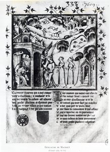 Paní Fr 1584 f.D Autor přijímá lásku, která mu přináší sladké myšlenky, potěšení a naději, kolem 1370 (rukopis) od French School