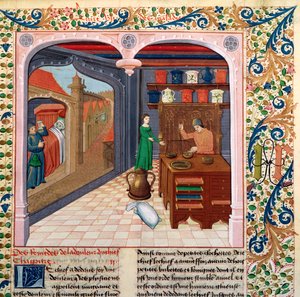 Paní Fr 218 fol.111 Pacient na lůžku a lékárník připravující léky, z Le Livre des Proprietes des Choses od Barthelemy lAnglaise od French School