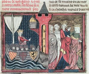 Paní Fr 22495 Fol.101 Baldwin I Překročení řeky Jordán a zřeknutí se manželky, z Le Roman de Godefroi de Bouillon, 1337 od French School