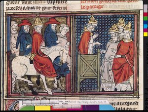 Ms Fr 22495 Fol.15 Clermontský koncil a příchod papeže Urbana II. (asi 1035-99) do Francie, z Le Roman de Godefroi de Bouillon, 1337 od French School