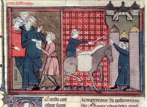 Paní Fr 22495 Fol.37v Posel byl vyslán zachránit Antiochii, z Le Roman de Godefroi de Bouillon, 1337 od French School