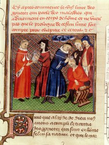 Ms Fr 22531 Fol.115 Vyšetření moči a hojení ran, z knihy Le Livre des Proprietes des Choses od Barthelemyho lAnglais, asi 1410-15 od French School