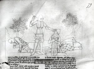 Ms Fr 343 f.79 Vyzbrojení rytíře na bitevním poli z Lancelot du Lac od French School