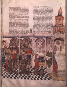 Paní Fr 343 fol. 7 Pátrání po Svatém grálu a Artušově smrti, rytíř skládající přísahu od French School
