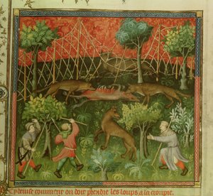 Paní Fr 616 fol.111 Lov vlka pomocí sítí, z Livre de la Chasse od Gastona Phebuse de Foix (1331-91) od French School