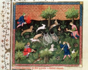 Ms Fr 616 fol.92 Lov zajíců, z Livre de la Chasse od Gastona Phebuse de Foix (1331-91), konec 15. stol. od French School