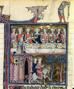 Paní Fr 95 f.326 Král Artuš a jeho rytíři kolem stolu, z lHistoire de Merlin, kolem 1280-90 od French School