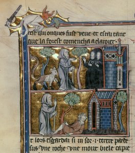 Paní Fr 95 f.4v Poustevník a zvíře, z lHistoire du Saint Graal, c.1280-90 od French School
