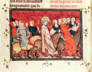 Paní Fr fol.48 Král diktující své hodiny při jízdě na koni, z Život a zázraky St. Louis, kolem 1330-40 od French School