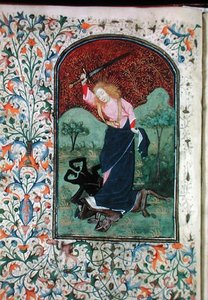 Ms Gen 288 f.84v Wrestling with a best, c.1460 (vellum) od French School