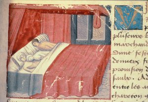 Ms Hunter 252 f.18r Postelová scéna z knihy "Les Cent Nouvelles Nouvelles". od French School