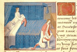 Ms Hunter 252 f.20v Postelová scéna, z "Les Cent Nouvelles Nouvelles od French School