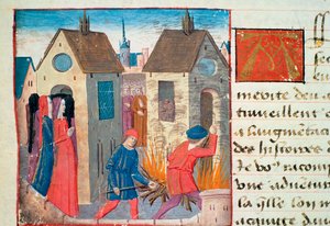 Paní Hunter 252 f.75v Vypalování domu, z Les Cent Nouvelles Nouvelles, 1462 od French School