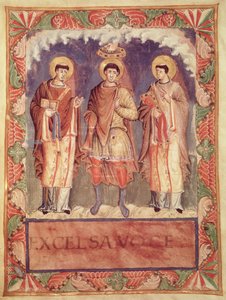 Paní Lat 1141 fol.2v Korunovace Karla II. (823-877) s arcibiskupy z Remeše a Treves, ze Sacrementaire de Metz (viz také 159999) od French School