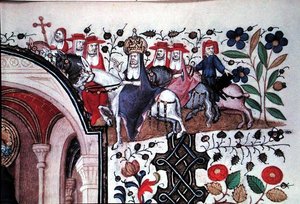 Paní Lat 1156b Fol.167 Detail papeže na jeho mule s jeho doprovodem, z ilustrace svatého Petra, z hodin Marguerite d