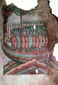 Paní Lat 1390 fol.7 Normanští vojáci překračující kanál La Manche z La Vie de Saint Aubin dAngers od French School