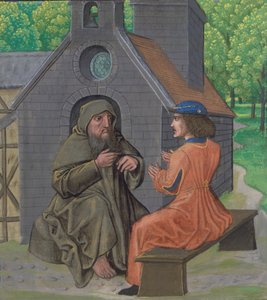 Ms Royal 14 E. 11, f.338 Poustevník vyučující rytíře, z „Chemin de Valliance a díla ve francouzském verši a próze“, kolem roku 1475 (vellum) od French School