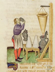 Tractatus de Herbis od Dioskorida, fol.142r Výroba alkoholu od French School