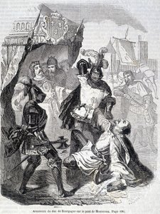 Vražda vévody z Burgundska (Jean sans peur) na mostě v Montereau v roce 1419 - v „Histoire de France“ od L.-P. Anquetil od French School