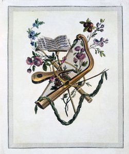 Hudební nástroje, z knihy rytých desek oppenordských vzorů, vydané 1745rn od French School