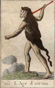 Myth of the Ages of Humanity: reprezentace bezostyšného věku jako mladý muž se lví kůží a oštěpovou zbraní. (Doba bronzová zobrazená jako mladý muž, oblečený ve lví kožešině a ozbrojený kopím). Z „Mytologie mládí“ od Pierra Blancharda 1803 od French School