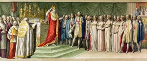 Napoleon Bonaparte (1769-1821) korunující se železnou korunou Langobardů v Miláně, 1805 (barevná rytina) od French School