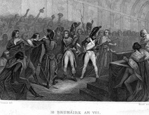 Státní převrat Napoleona Bonaparta dne 18. Brumaire roku VIII (1799) v sále Rady pěti centů (pět centů) (pokoj 500) Saint Cloud - v „”Revolution francaise”” od Thierse. 19. století od French School