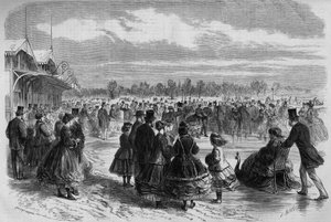 Napoleon III (1808-1873) a císařovna Eugenie de Montijo (1826-1920) v klubu bruslařů Bois de Boulogne v Paříži. Rytina v ""Le Monde Illustre"" č. 511 z 26. ledna 1867. od French School