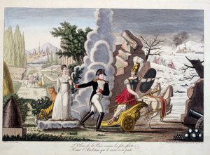 Napoleon I. Mezi válkou a mírem, cca 1815 – Napoleon mezi válkou a mírem – Marně mu byla nabídnuta oliva míru, sleduje ambice, která ho dovedla ke ztrátě – v „Napoleon 1er“, fiktivní sbírce karikatur od French School
