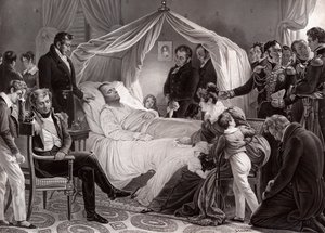 Napoleon I. na smrtelné posteli na Svaté Heleně, 5. května 1821, podle obrazu Charlese de Steuben od French School